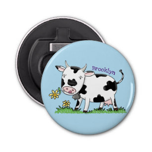 Cute cow in green field cartoon illustration bottle opener