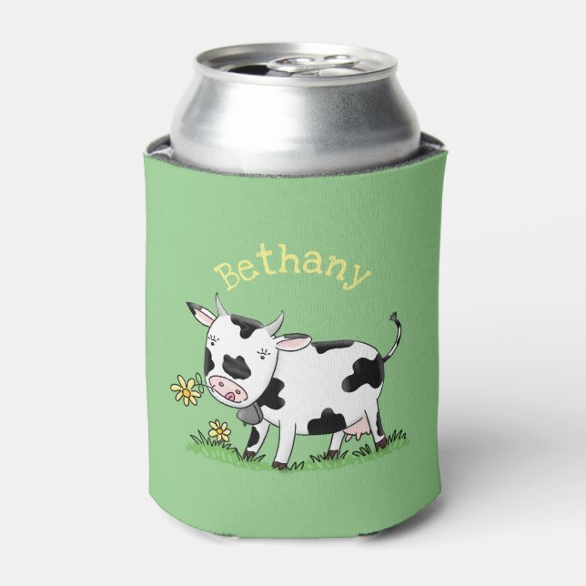 Cute cow in green field cartoon illustration can cooler (Can Front)
