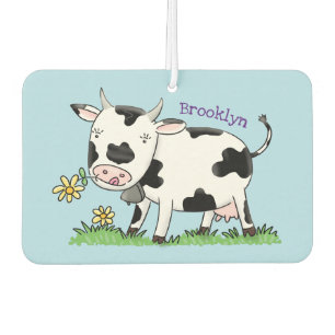 Cute cow in green field cartoon illustration car air freshener