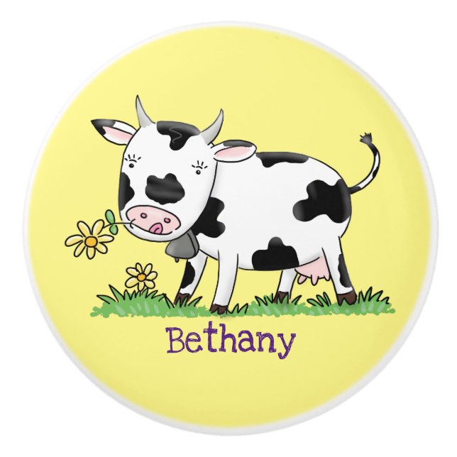 Cute cow in green field cartoon illustration ceramic knob (Front)