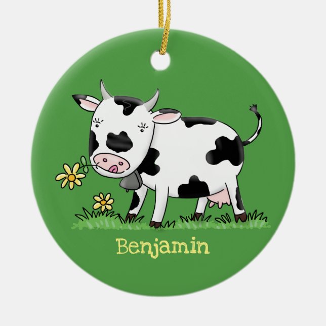 Cute cow in green field cartoon illustration ceramic tree decoration (Front)