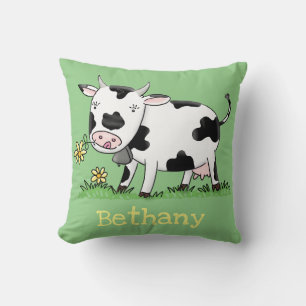 Cute cow in green field cartoon illustration cushion