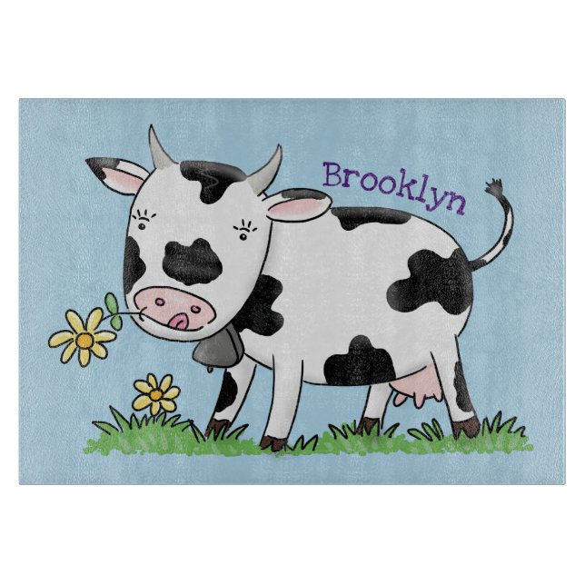 Cute cow in green field cartoon illustration cutting board (Front)
