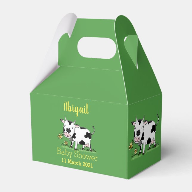 Cute cow in green field cartoon illustration favour box (Front Side)