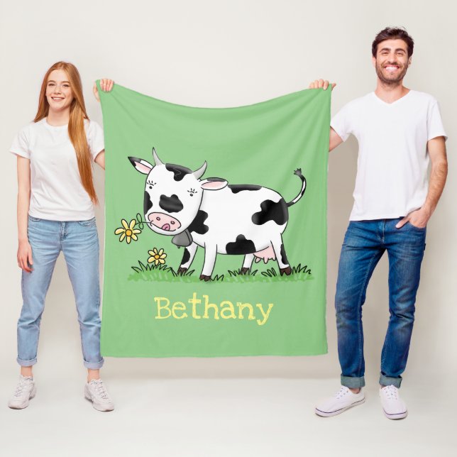Cute cow in green field cartoon illustration fleece blanket (In Situ)