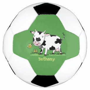 Cute cow in green field cartoon illustration football