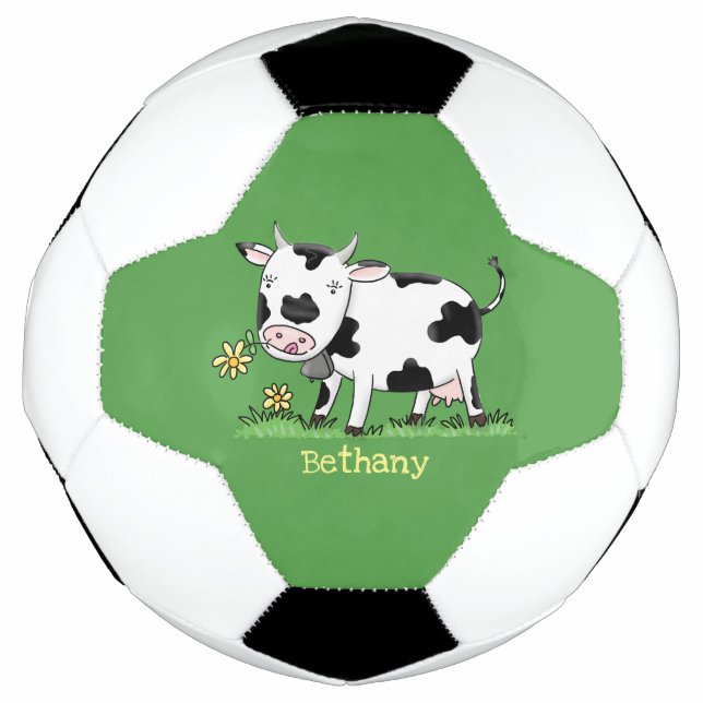 Cute cow in green field cartoon illustration football (Front)