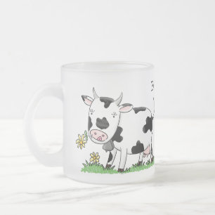 Cute cow in green field cartoon illustration frosted glass coffee mug