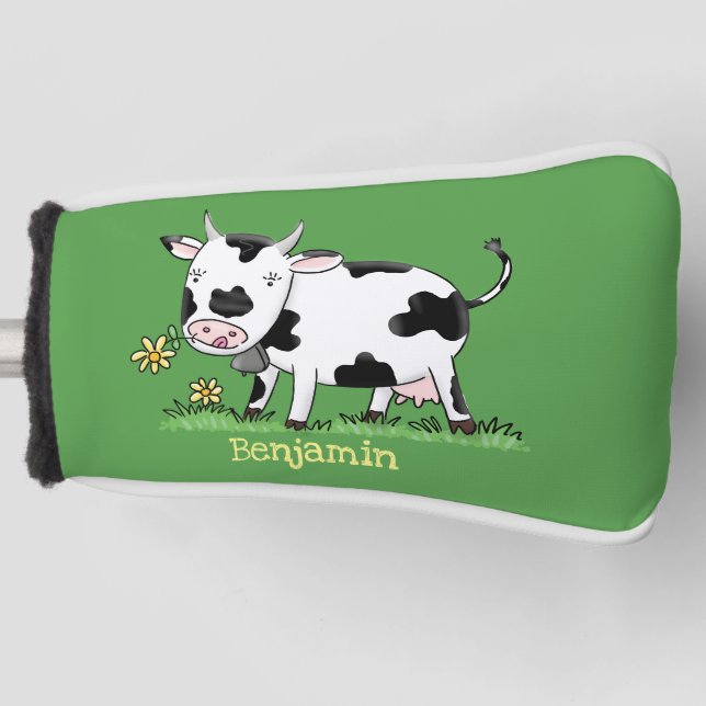 Cute cow in green field cartoon illustration golf head cover (Front)