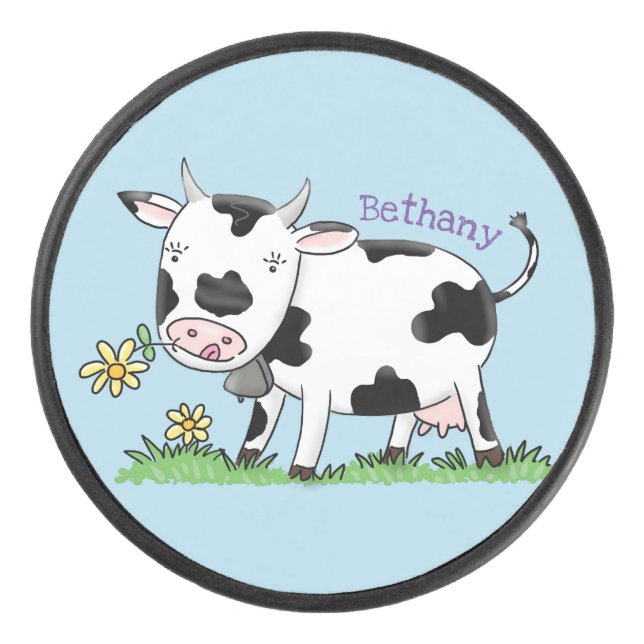 Cute cow in green field cartoon illustration hockey puck (Front)