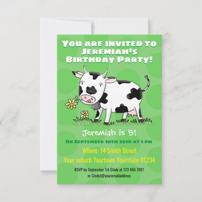 Cute cow in green field cartoon illustration invitation (Front)