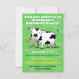 Cute cow in green field cartoon illustration invitation