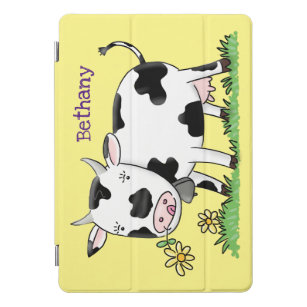Cute cow in green field cartoon illustration iPad pro cover