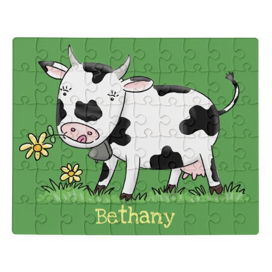 Cute cow in green field cartoon illustration jigsaw puzzle | Zazzle.co.uk