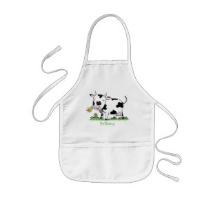 Cute cow in green field cartoon illustration kids apron