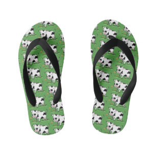 Cute cow in green field cartoon illustration kid's flip flops