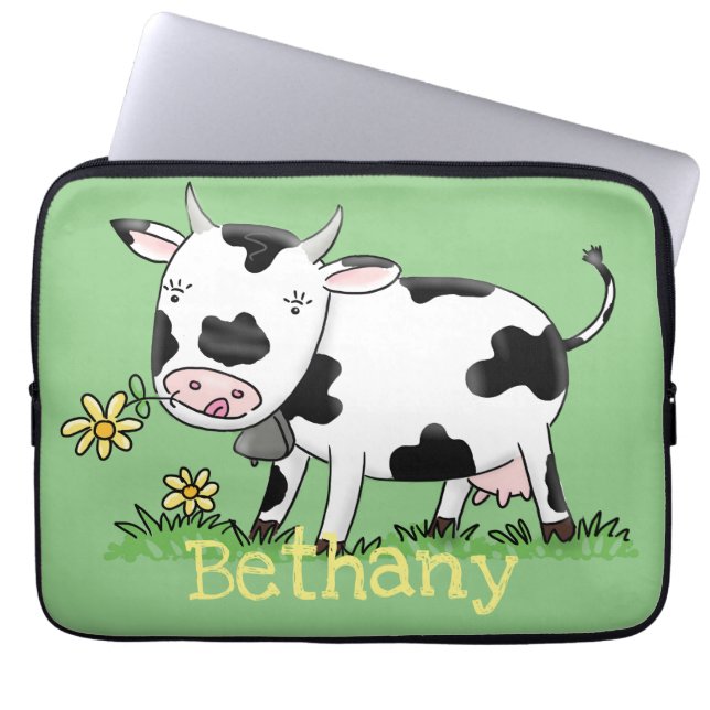 Cute cow in green field cartoon illustration laptop sleeve (Front)