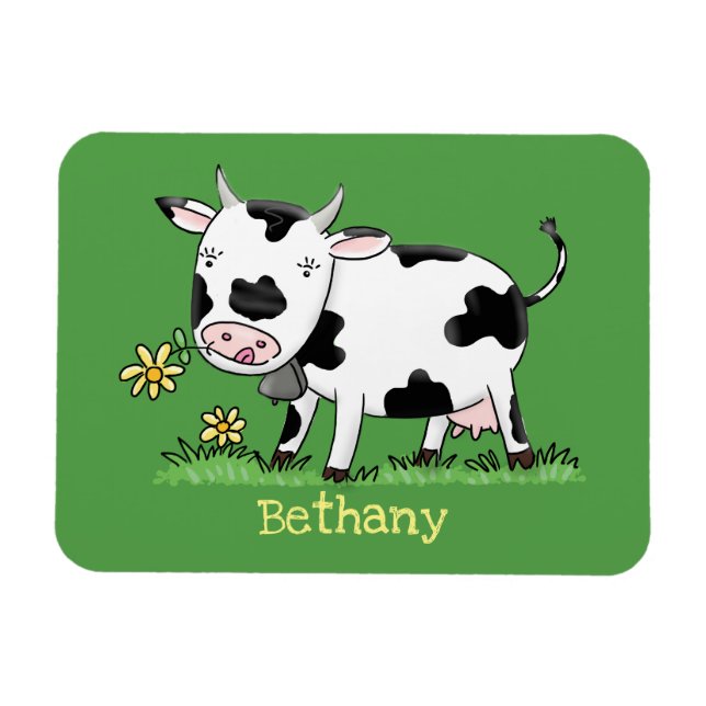 Cute cow in green field cartoon illustration magnet (Horizontal)