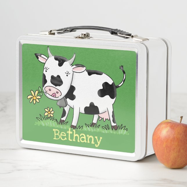 Cute cow in green field cartoon illustration metal lunch box (In Situ)