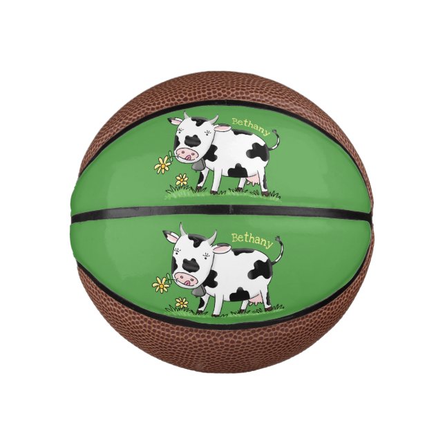 Cute cow in green field cartoon illustration mini basketball (Front)