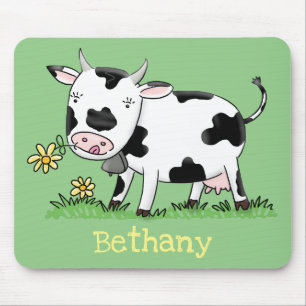 Cute cow in green field cartoon illustration mouse mat