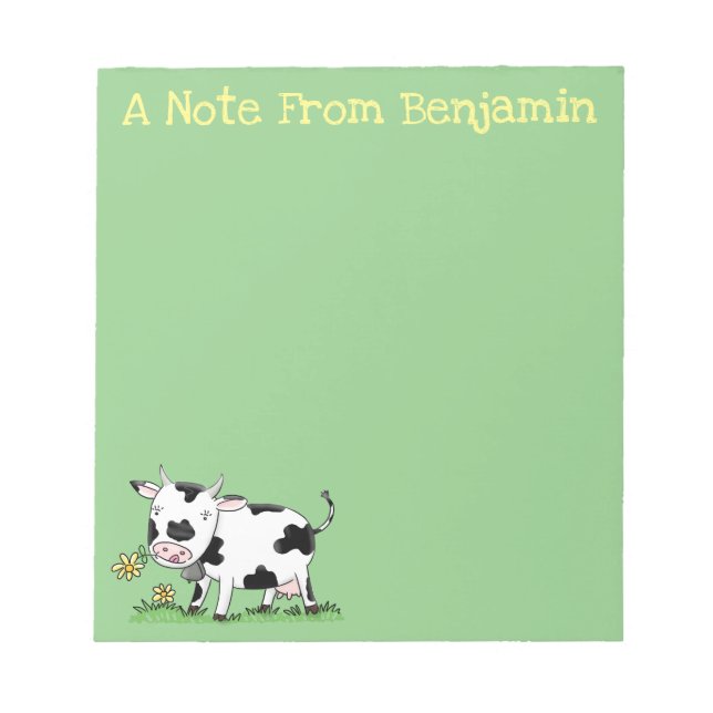 Cute cow in green field cartoon illustration notepad (Front)