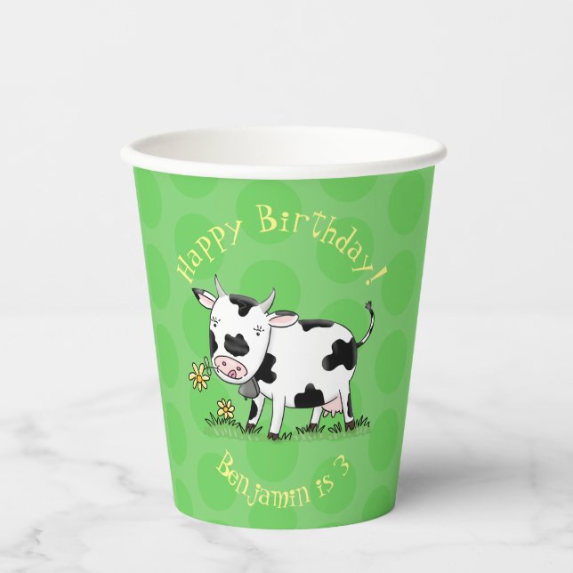 Cute cow in green field cartoon illustration  paper cups (Front)