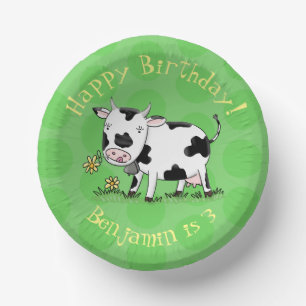 Cute cow in green field cartoon illustration paper plate
