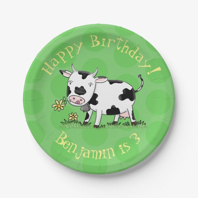 Cute cow in green field cartoon illustration paper plate (Front)
