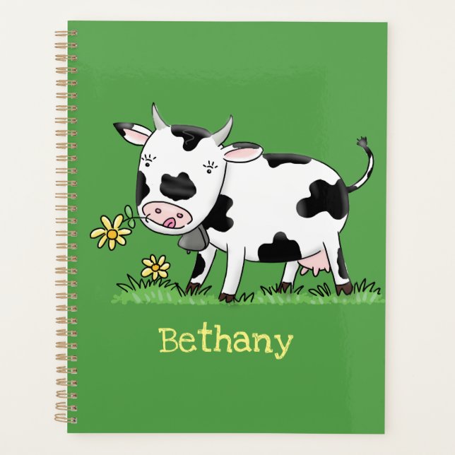 Cute cow in green field cartoon illustration planner (Front)