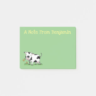 Cute cow in green field cartoon illustration post-it notes