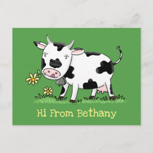 Cute cow in green field cartoon illustration postcard