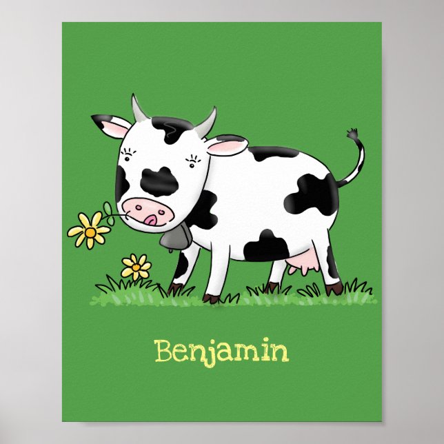 Cute cow in green field cartoon illustration poster (Front)