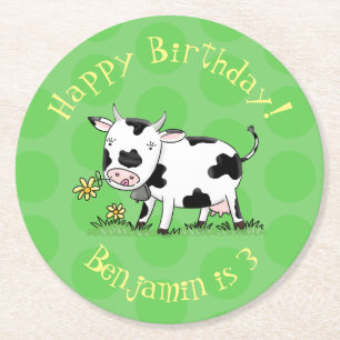 Cute cow in green field cartoon illustration round paper coaster
