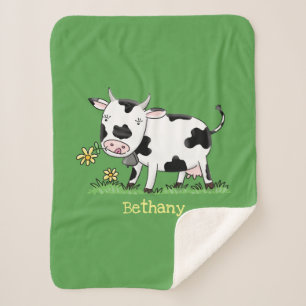 Cute cow in green field cartoon illustration sherpa blanket