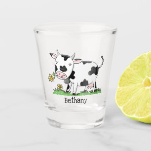 Cute cow in green field cartoon illustration  shot glass