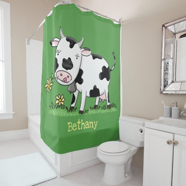 Cute cow in green field cartoon illustration shower curtain (In Situ)