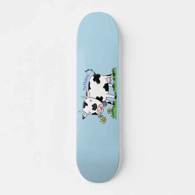 Cute cow in green field cartoon illustration skateboard (Front)
