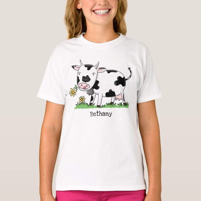 Cute cow in green field cartoon illustration T-Shirt (Front)