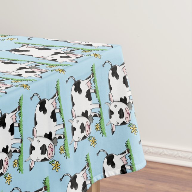 Cute cow in green field cartoon illustration tablecloth (In Situ)