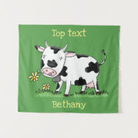 Cute cow in green field cartoon illustration 