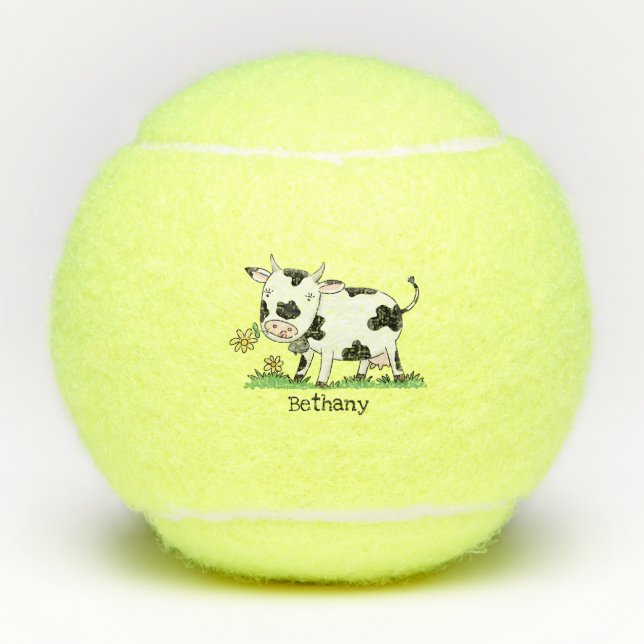 Cute cow in green field cartoon illustration tennis balls (Front)