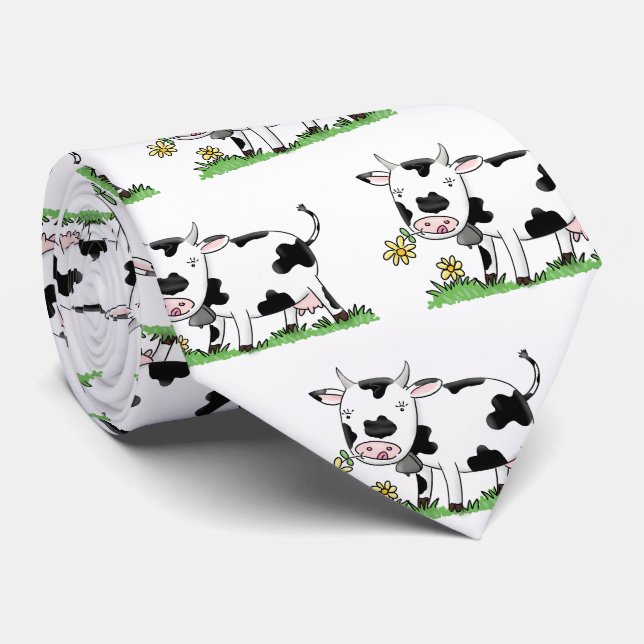 Cute cow in green field cartoon illustration tie (Rolled)