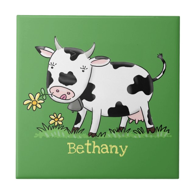 Cute cow in green field cartoon illustration tile (Front)