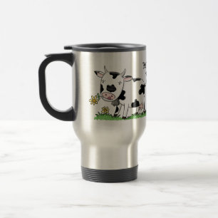 Cute cow in green field cartoon illustration travel mug