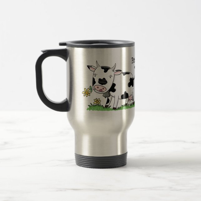 Cute cow in green field cartoon illustration travel mug (Left)