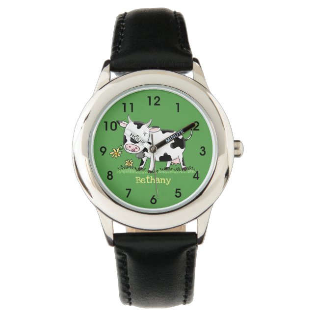 Cute cow in green field cartoon illustration watch (Front)