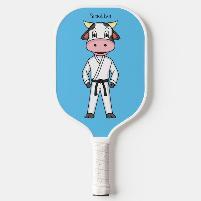 Cute cow in kung fu suit cartoon pickleball paddle (Front)