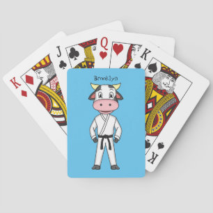 Cute cow in kung fu suit cartoon playing cards