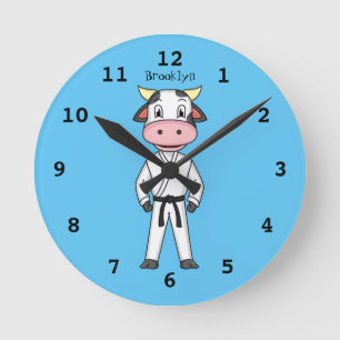 Cute cow in kung fu suit cartoon round clock